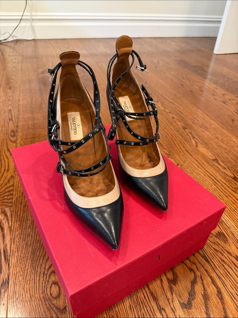 Valentino Black and Beige Leather Stud-Strap Pointed Pumps